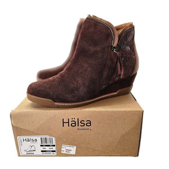 Hälsa Dana Ankle Wedge Bootie Womens 9 Brown Suede and Brown Leather Double Zip - Picture 4 of 14